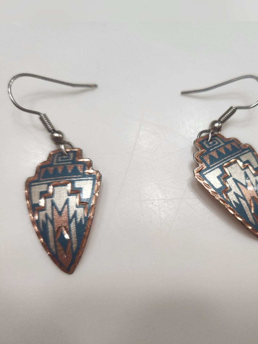 Vintage Handcrafted Native American Copper Dangle Earrings, Arrowheads W/blue